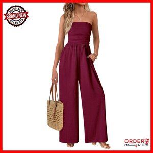 Strapless Smocked Jumpsuit Wide Leg Summer Romper Pockets
